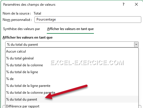 Option pour calculer en pourcentage un TCD