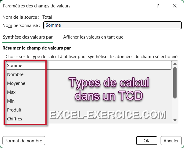 Types de calcul dans un TCD