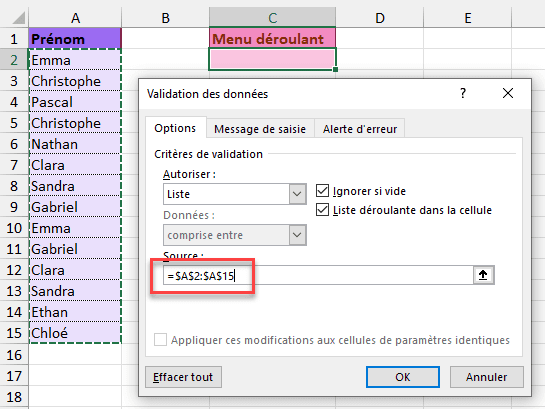 Reponse 3 Plage de cellules comme source de donnees