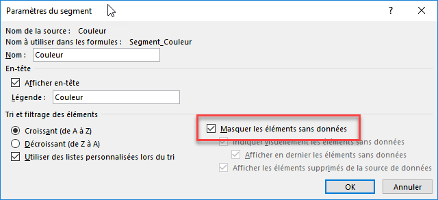 Options Masquer les éléments sans données dans un segment