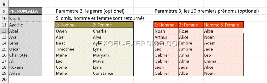 Fonction PRENOM.ALEA avec filtre par genre dans Excel