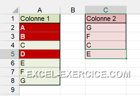Couleur rouge pour afficher les différences entre 2 colonnes.