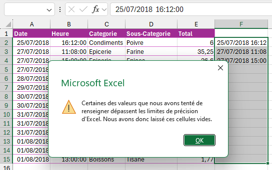 Pas de remplissage instantané avec les dates et heures