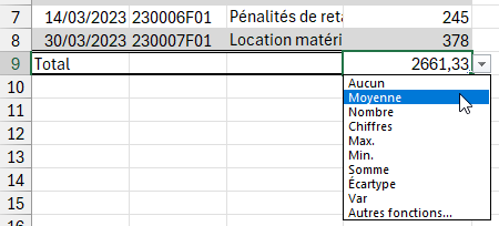 Sélection du calcul de la moyenne dans un Tableau