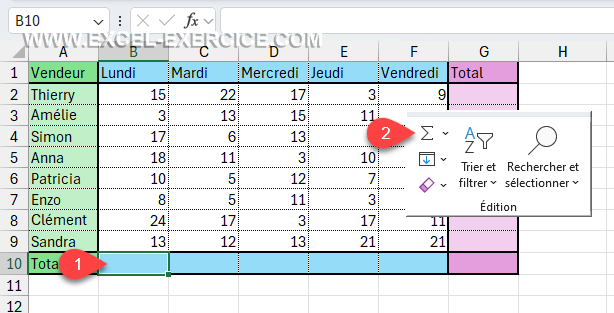 Cliquer sur le symbole sigma pour faire une somme