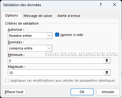 Validation de données Nombre Entier