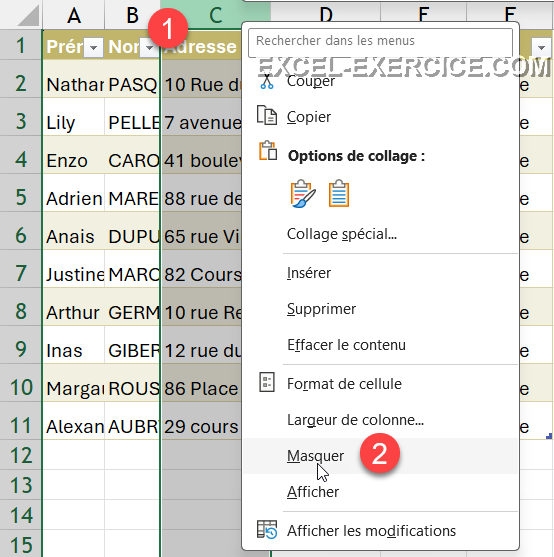 Menu masquer une colonne